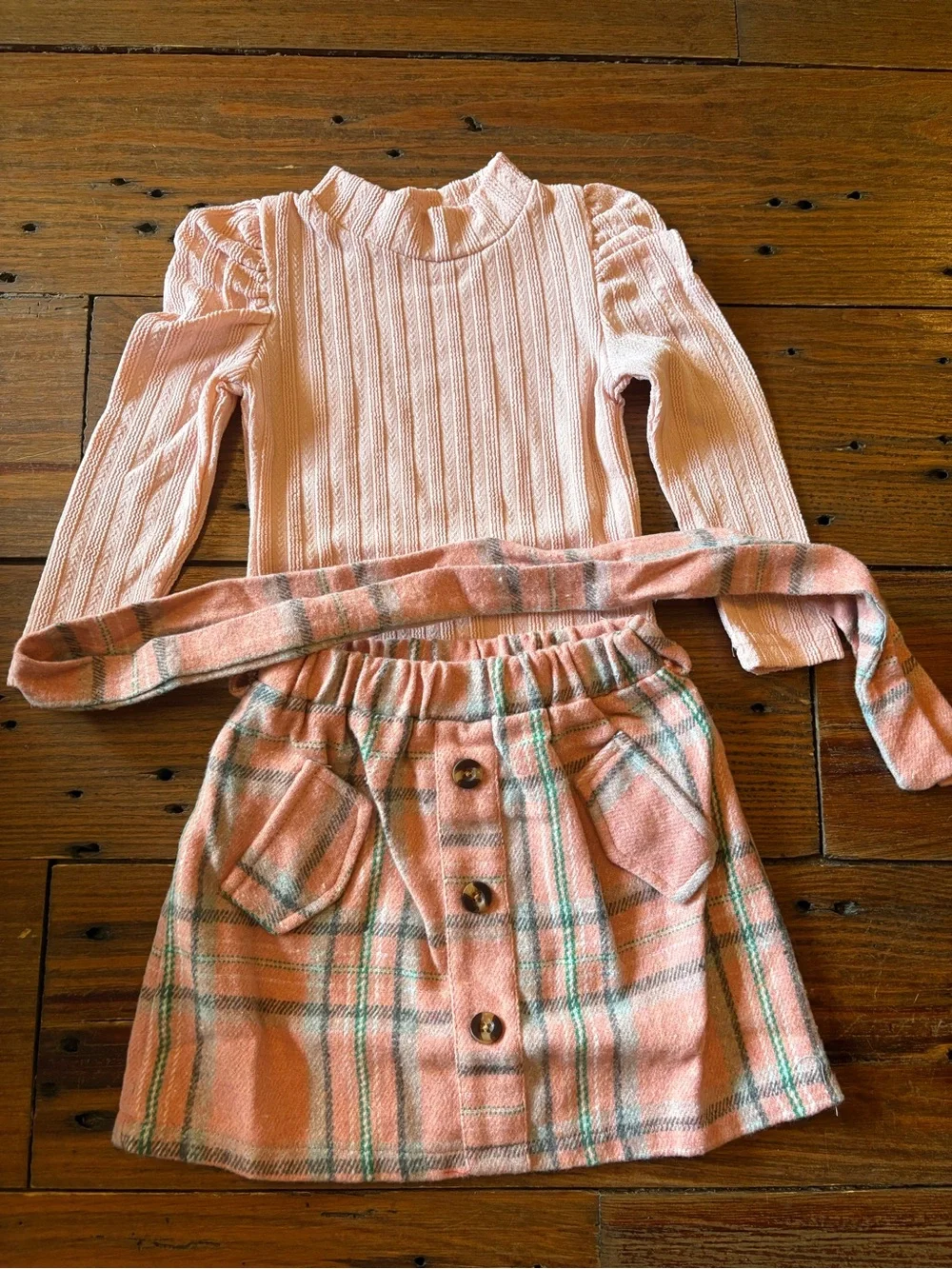 Girls Pink Ribbed Top & Plaid Button Skirt Set